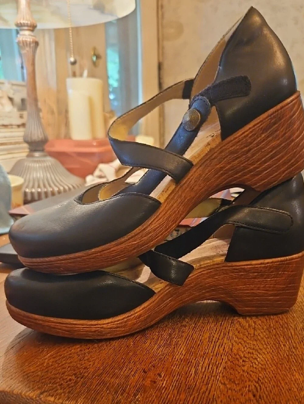 Alegria Black Leather Crisscross Wedge Sandals